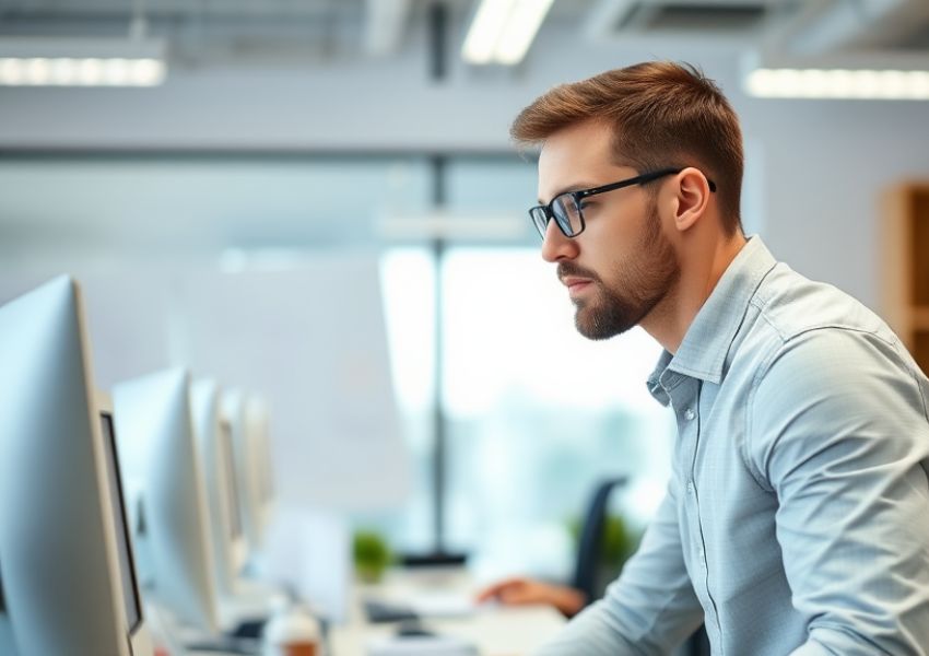 Um homem trabalhando no escritório sentado diante do computador. Ele usa camiseta branca e óculos. Como Manter o Foco Estratégias Práticas para Aumentar sua Produtividade.