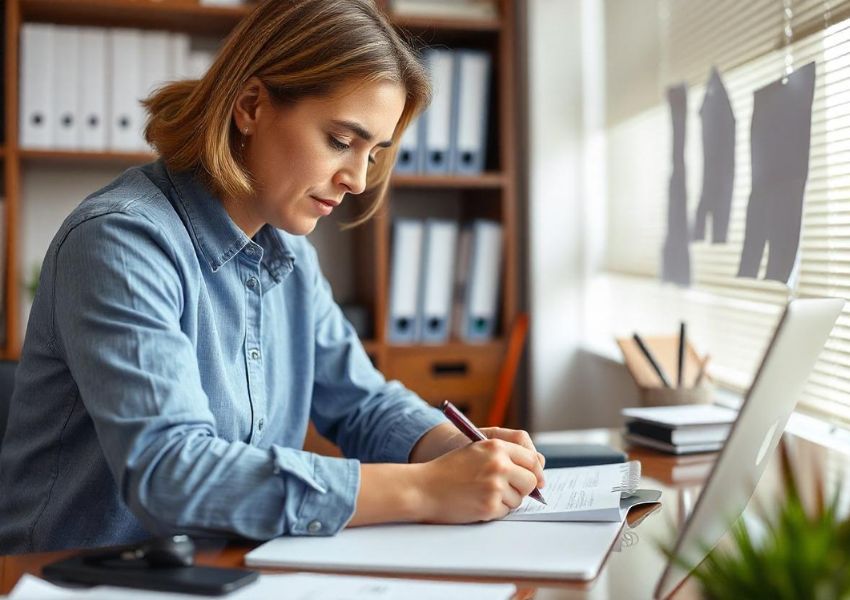 Como manter a concentração no trabalho: Pessoa focada trabalhando em um escritório organizado, com um relógio e um bloqueador de ruído visíveis.