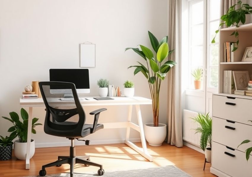 Espaço de trabalho organizado com plantas, iluminação adequada e ergonomia